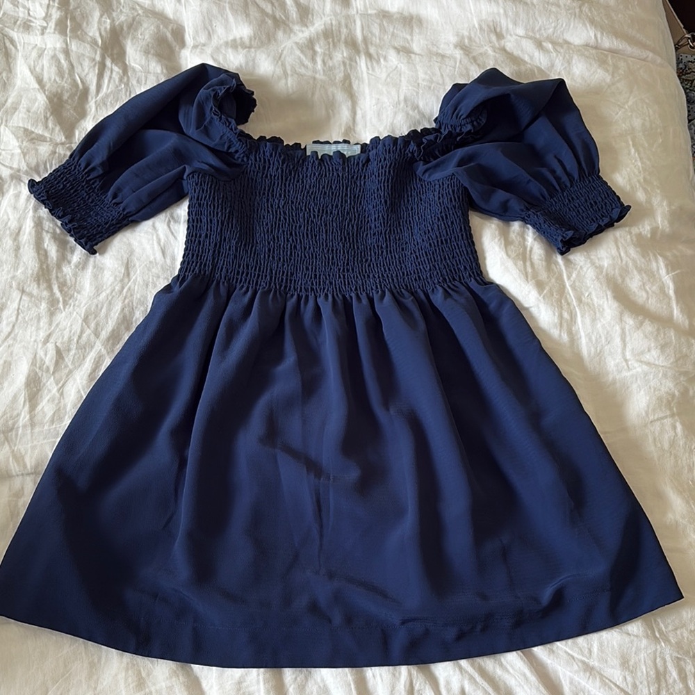 Hill House Blue Off-Shoulder Smocked Mini Dress